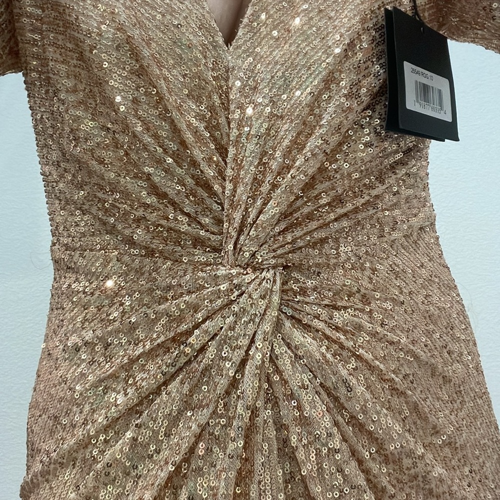 Mac Duggal Champagne Sequin High-Low Twist Front Gown - Picture 13 of 16
